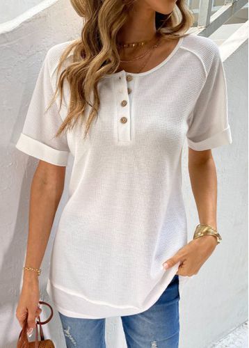 White Button Short Sleeve Round Neck T Shirt - unsigned - Modalova