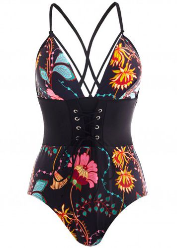 Tie Back Lace Up Front Floral Print One Piece Swimwear - unsigned - Modalova
