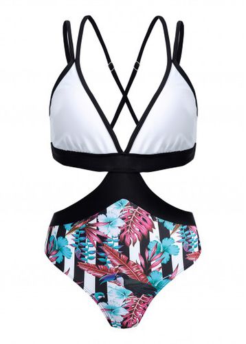 Floral Print Cross Strap Contrast One Piece Swimwear - unsigned - Modalova