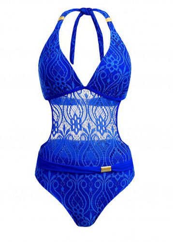 Halter Sheer Lace Royal Blue One Piece Swimwear - unsigned - Modalova