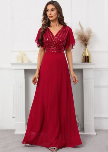Red Sequin Short Sleeve V Neck Dress - unsigned - Modalova