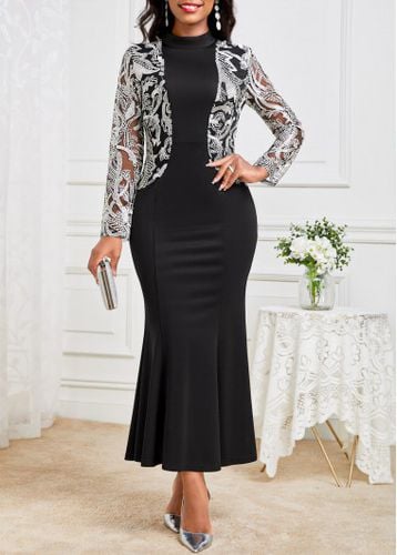 Black Lace Long Sleeve Round Neck Dress - unsigned - Modalova