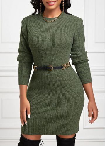 Olive Green Short Long Sleeve Round Neck Dress - unsigned - Modalova