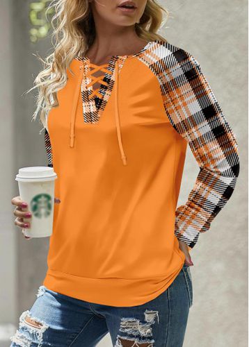 Orange Patchwork Plaid Long Sleeve Split Neck Sweatshirt - unsigned - Modalova