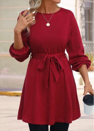 Wine Red Button Short Belted Long Sleeve Dress - unsigned - Modalova