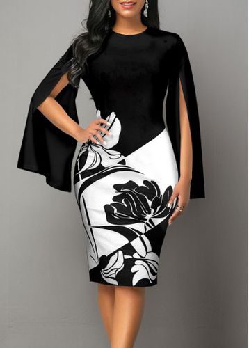 Black Floral Print Long Sleeve Round Neck Dress - unsigned - Modalova