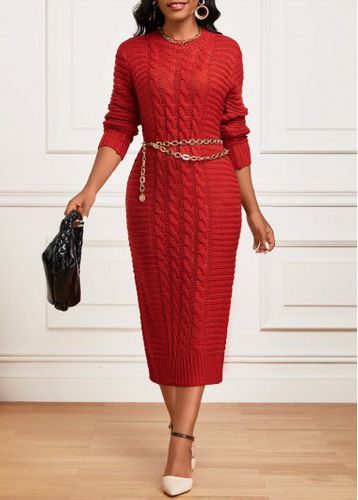 Long Sleeve Round Neck Red Bodycon Dress - unsigned - Modalova