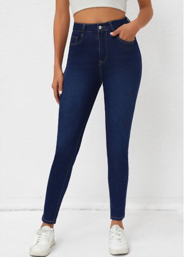 Denim Blue Pocket Skinny Zipper Fly High Waisted Jeans - unsigned - Modalova