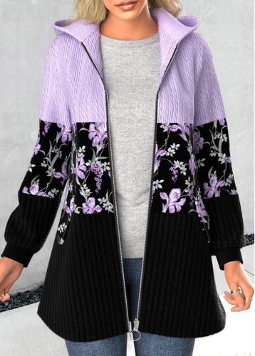Light Purple Patchwork Floral Print Long Sleeve Hooded Coat - unsigned - Modalova