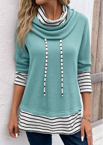 Mint Green Patchwork Striped Long Sleeve Cowl Neck Sweatshirt - unsigned - Modalova
