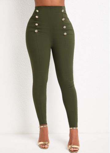 Olive Green Button Skinny Elastic Waist High Waisted Pants - unsigned - Modalova