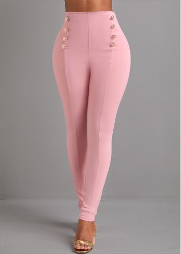 Pink Button Skinny Elastic Waist High Waisted Pants - unsigned - Modalova