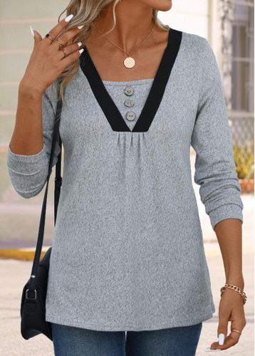 Grey Button Long Sleeve Square Neck T Shirt - unsigned - Modalova
