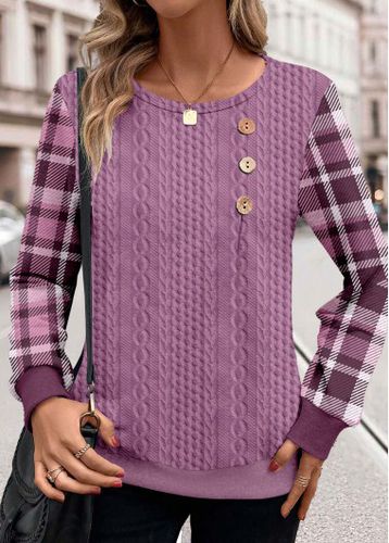 Purple Patchwork Plaid Long Sleeve Round Neck Sweatshirt - unsigned - Modalova