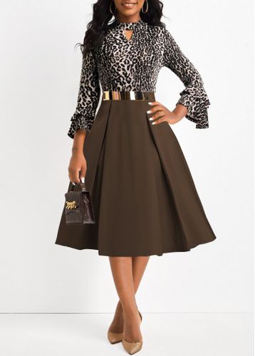 Dark Coffee Patchwork Leopard Belted Stand Collar Dress - unsigned - Modalova