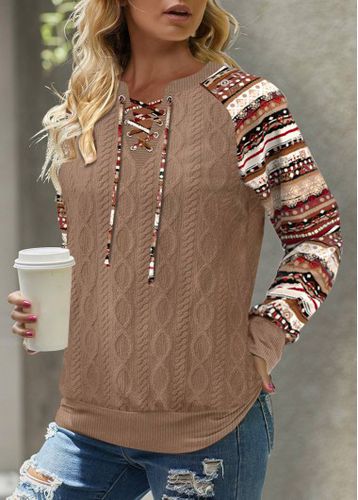 Dark Camel Patchwork Tribal Print Long Sleeve Split Neck Sweatshirt - unsigned - Modalova