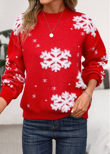 Red Snowflake Print Long Sleeve Stand Collar Christmas Sweater - unsigned - Modalova