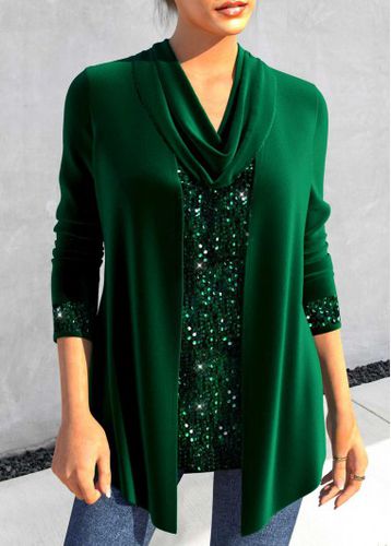 Blackish Green Sequin Long Sleeve Cowl Neck T Shirt - unsigned - Modalova