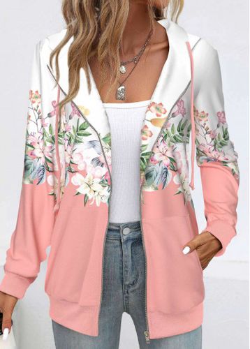 Pink Pocket Floral Print Long Sleeve Hoodie - unsigned - Modalova