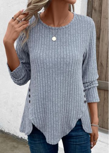 Dusty Blue Split Long Sleeve Round Neck T Shirt - unsigned - Modalova