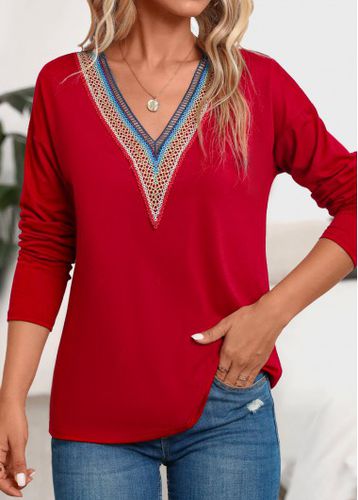 Red Patchwork Long Sleeve V Neck T Shirt - unsigned - Modalova