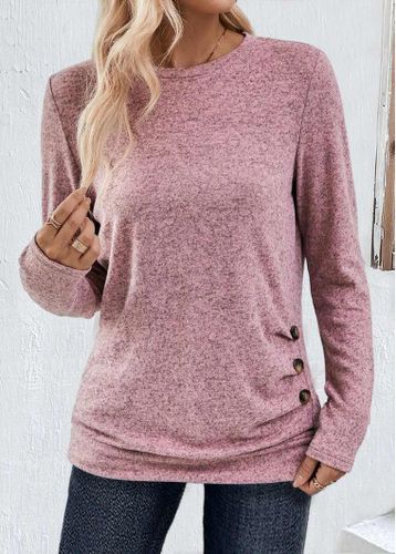 Pink Button Long Sleeve Round Neck T Shirt - unsigned - Modalova
