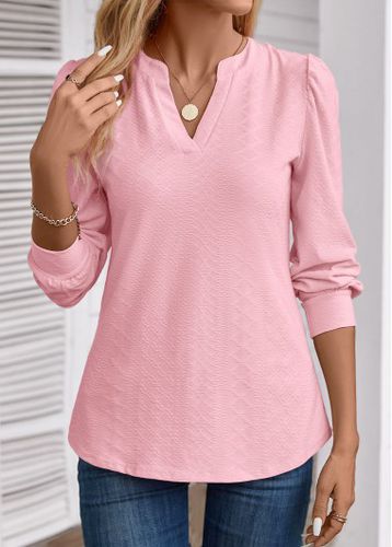 Light Pink Jacquard Long Sleeve V Neck Blouse - unsigned - Modalova