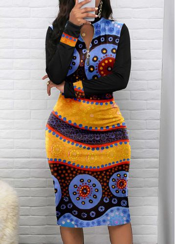 Black Patchwork Tribal Print Long Sleeve Bodycon Dress - unsigned - Modalova
