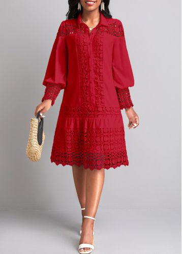 Wine Red Lace Long Sleeve Shirt Collar Shift Dress - unsigned - Modalova