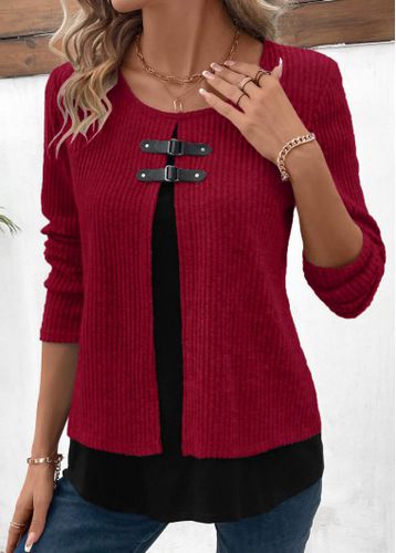 Wine Red Fake 2in1 Long Sleeve Blouse - unsigned - Modalova