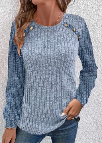 Dusty Blue Patchwork Long Sleeve Round Neck Sweatshirt - unsigned - Modalova