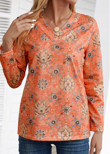 Orange Patchwork Tribal Print Long Sleeve V Neck Sweatshirt - unsigned - Modalova
