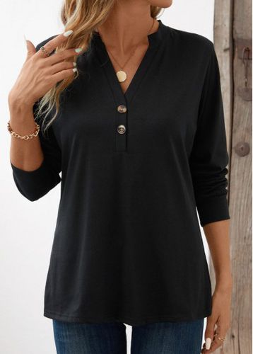 Black Button Long Sleeve Split Neck T Shirt - unsigned - Modalova