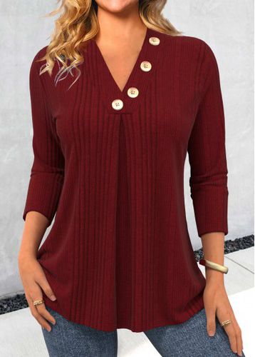 Wine Red Button Long Sleeve V Neck T Shirt - unsigned - Modalova