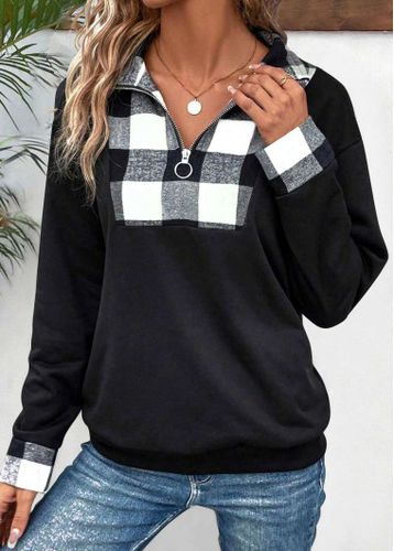 Black Patchwork Plaid Long Sleeve Turn Down Collar Sweatshirt - unsigned - Modalova