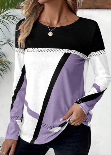Light Purple Patchwork Geometric Print Long Sleeve T Shirt - unsigned - Modalova