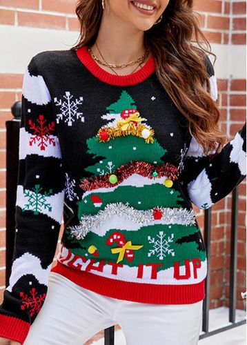 Black Christmas Tree Print Long Sleeve Round Neck Sweater - unsigned - Modalova