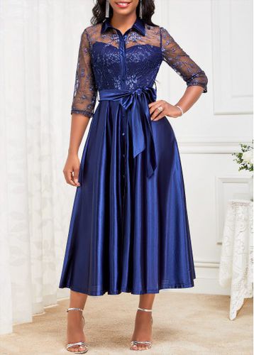 Navy Lace Belted Three Quarter Length Sleeve Dress - unsigned - Modalova