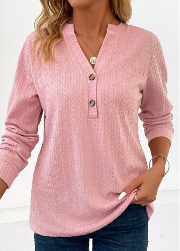 Pink Button Long Sleeve Split Neck Blouse - unsigned - Modalova