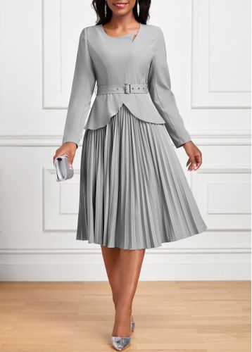 Grey Pleated Belted Long Sleeve Asymmetrical Neck Dress - unsigned - Modalova