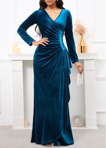 Peacock Blue Velvet Long Sleeve Dress - unsigned - Modalova