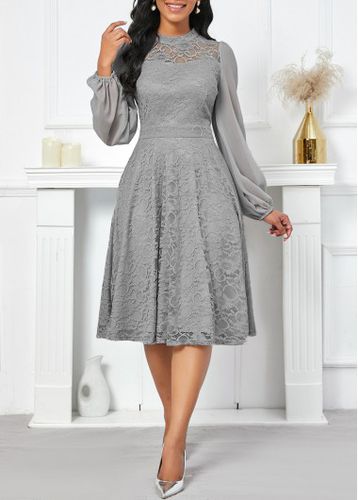Grey Lace Long Sleeve Stand Collar Dress - unsigned - Modalova