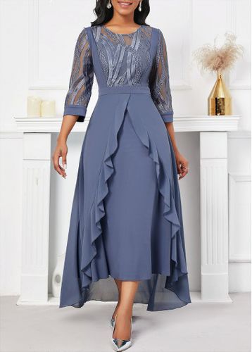 Dusty Blue Embroidery High Low Round Neck Dress - unsigned - Modalova