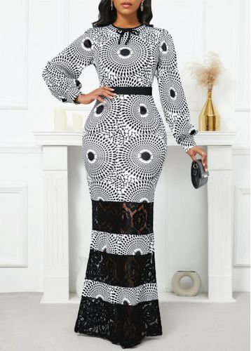 Black Lace Tribal Print Long Sleeve Maxi Bodycon Dress - unsigned - Modalova