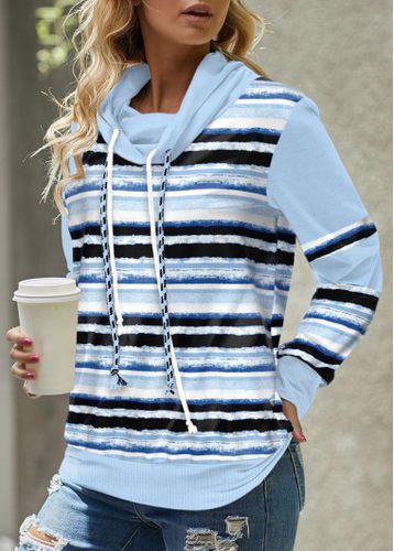 Light Blue Patchwork Striped Long Sleeve Cowl Neck Sweatshirt - unsigned - Modalova