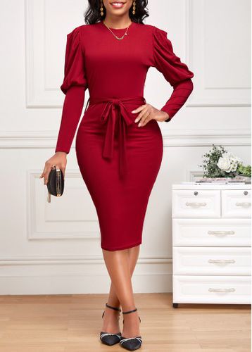 Wine Red Belted Long Sleeve Round Neck Dress - unsigned - Modalova