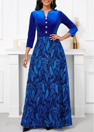 Royal Blue Velvet Three Quarter Length Sleeve Maxi Dress - unsigned - Modalova