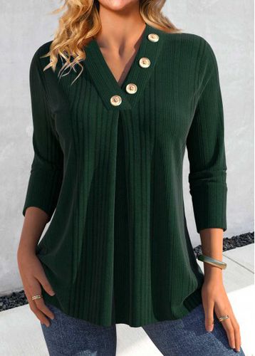 Blackish Green Button Long Sleeve V Neck T Shirt - unsigned - Modalova