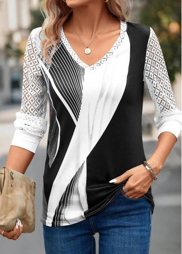 Grey Lace Geometric Print Long Sleeve T Shirt - unsigned - Modalova