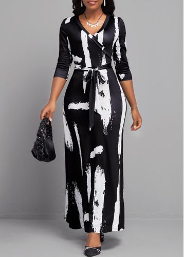 Black Tie Graffiti Print Belted V Neck Maxi Dress - unsigned - Modalova